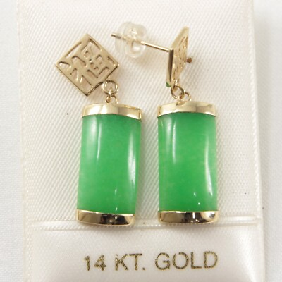 #ad 14kt Solid Yellow Gold GOOD FORTUNE Dangle Green Jade Oriental Earrings TPJ $212.95
