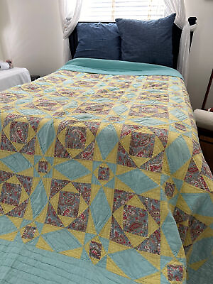 #ad 8 point star Blue yellow cotton quilt KING 100 x 102