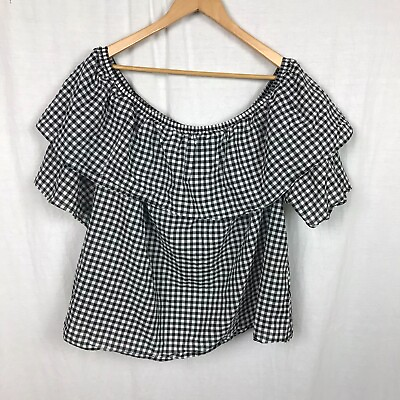 #ad Boutique Women#x27;s Off The Shoulder Gingham Shirt Short Sleeve Black White 2X