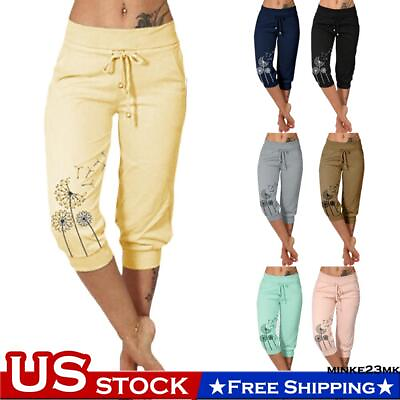 #ad Summer Draw String Sports Women Cargo Three Quarter Crop Pants Capri Trousers