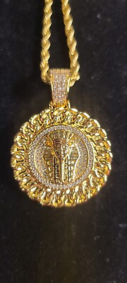#ad Gold Plated Pharaoh Medallion Iced Pendant 20quot; Rope Chain Necklace