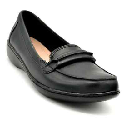#ad Clarks Women#x27;s Ashland Lily Black Leather Slip On Loafers Flat Shoes Size 6.5