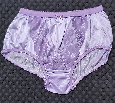 #ad Double Nylon Gusset LACE Sissy Panty 8 XL PURPLE Lilac Silky Sheer Brief Granny