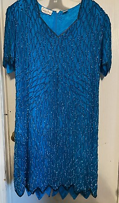 #ad Lawrence Kazar Womens Turquoise Blue Silk Sequined Dress Size 1X Beaded Cocktail