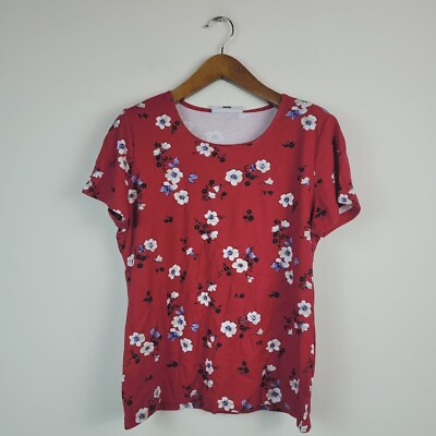 #ad Karen Scott Womens Medium New Red Amore Short Sleeve Daisy Print Top NWT AH31