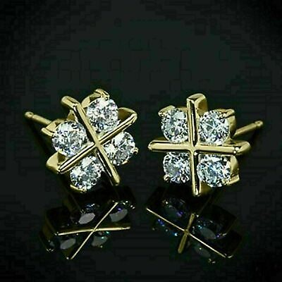 #ad Beautiful 2 Ct Round Cut VVS1 D Diamond Stud Earrings 14k Yellow Gold Finish