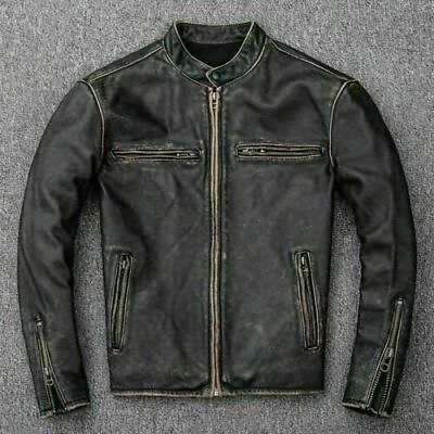 #ad Men’s Motorcycle Biker Vintage Distressed Black Faded Real Leather Jacket $114.99