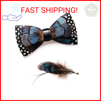 #ad RBOCOTT Blue Leather Feather Handmade Pre tied Bow tie and Brooch Sets for Men 8