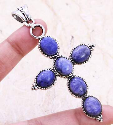 #ad Color Enhanced Blue Moonstone 925 Silver Plated Pendant of 3.1quot; Ethnic