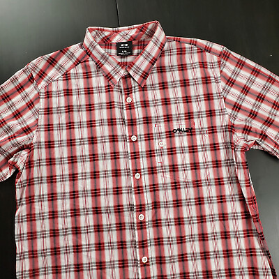 #ad Oakley Large Regular Fit Short Sleeve Cotton Button Down Shirt Red Plaid