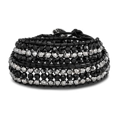 #ad Black Aurora Borealis Grey Crystal Bead Leather Multi wrap Bracelet 14quot;