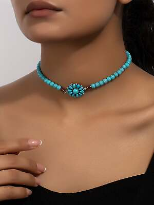#ad 1pc Western Turquoise Decor Beaded Choker Necklace for Women