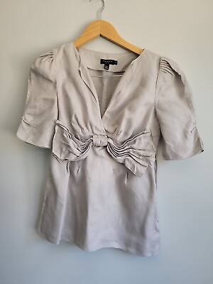 #ad Grey Linen Blouse Size 2 8 Ted Baker Bow Front Womens