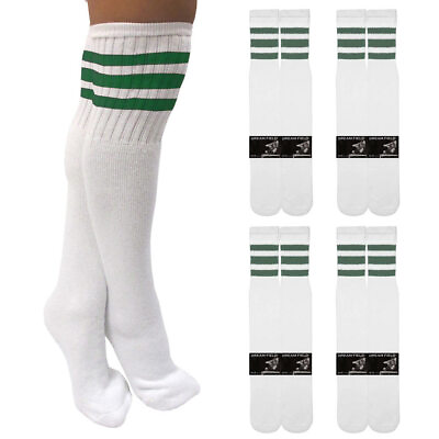 #ad 4 Pairs Casual Knee High White Tube Socks Long Athletic Green Stripe Sport 10 15
