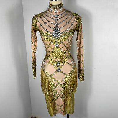 #ad Women Tassel Crystal Print Long Sleeve Dress Singer Stage Wear Dance Costume