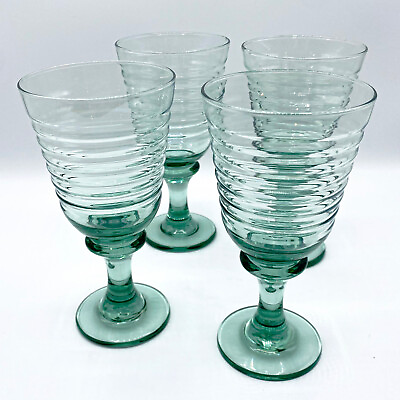 #ad LIBBEY Set of 4 Vintage 90s Sirrus Spanish Green Glass Water Goblets Ribbed