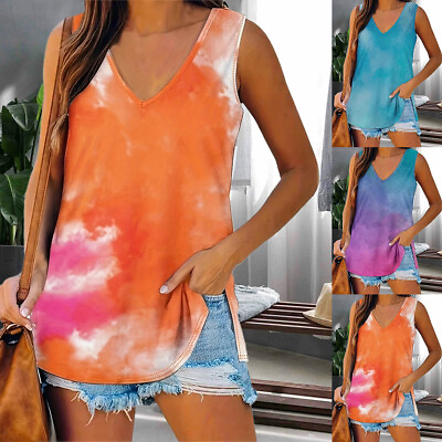 #ad Plus Size Women Gradient V Neck Vest Tank Tops Summer Casual Loose Beach T Shirt