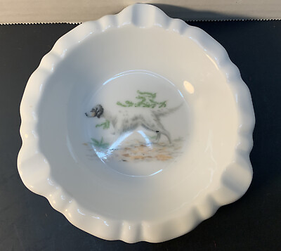 #ad Round Ceramic Ashtray Vintage White with Hunting Dog in Center 5quot;