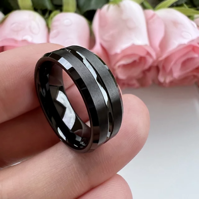 #ad 8mm Black Brushed Tungsten Ring with Polished Black Inlay Men#x27;s Wedding Band