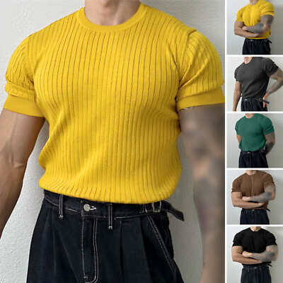 #ad INCERUN Mens Rib Knit Short Sleeve Solid T Shirt Casual Loose Tops Shirt Blouse