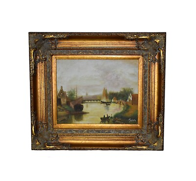 #ad Vintage River Scene Oil Painting w Ornate Wood amp; Jesso Frame