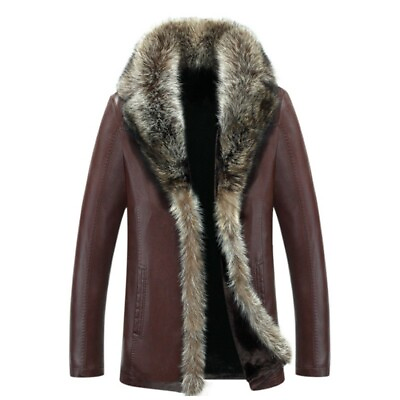 #ad Winter Men#x27;s Fox Fur Collar Wool Lining Sheepskin Leather Overcoat Jacket Warm
