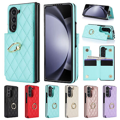 #ad For Samsung Galaxy Z Fold5 4 3 Mint Leather Back Flip Wallet Ring Phone Case
