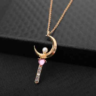 #ad SAILOR MOON NECKLACE Gold amp; Pink Gem Moon Stick Wand Pendant Anime Gift