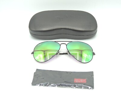 #ad Ray Ban 3025 002 4J Black Green Mirror Large Aviator Sunglasses 62mm