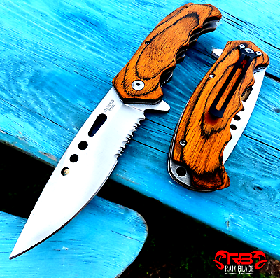 #ad 8quot; Brown WOOD HANDLE Tactical SPRING ASSISTED FOLDING POCKET KNIFE Blade Assist