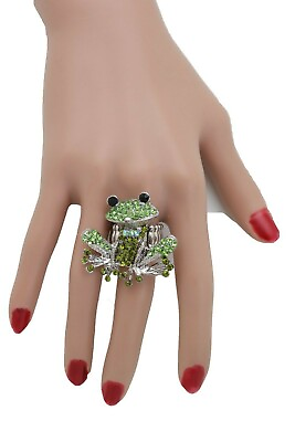#ad Women Silver Metal Ring Fashion Jewelry Elastic Band Green Color Frog One Size