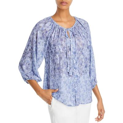 #ad Cupio Womens Blue Floral Iridescent V Neck Pullover Top Blouse M BHFO 6992