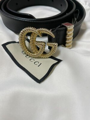 #ad Gucci Leather Belt Torsion Double G Buckle Black Size 85 34