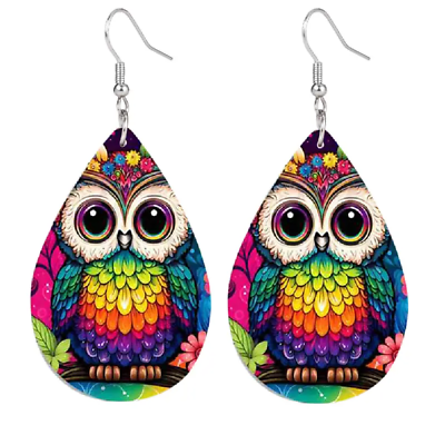 #ad Colorful Owl PU Leather Teardrop Dangle Earrings New