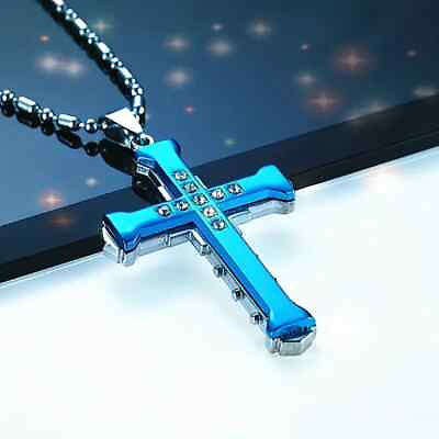 #ad Cross Necklace Zircon Inlaid Men Classic Jewelry Fashion Exquisite Blue Gift New