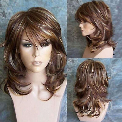 #ad Women Curly Wavy Mixed Color Brown Hair Wig Synthetic Natural Wigs Cosplay Party