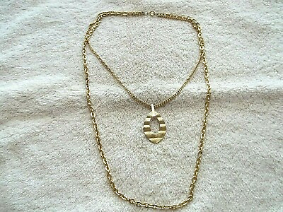 #ad Vintage Gold Tone Metal Pendant Double Chains Oval Textured Pendant