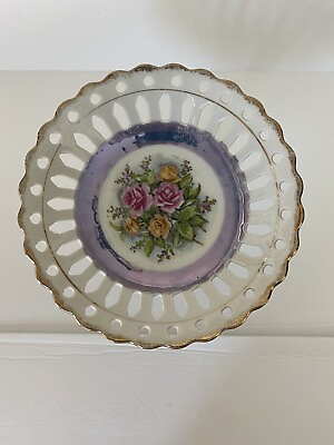 #ad Courtship Reticulated Pedestal Cake Plate Flowered with Gold Trim.