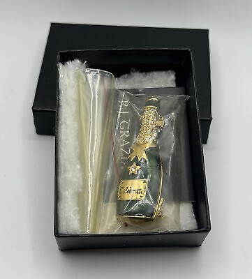 #ad Vintage Graziano Signed Brooch Wine Champagne Green Enamel Bottle Corked NEW