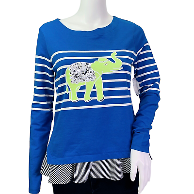 #ad NWT Crown Ivy 2FER Sweatshirt Beaded Elephant Stripe Preppy Blue Lime Size XS