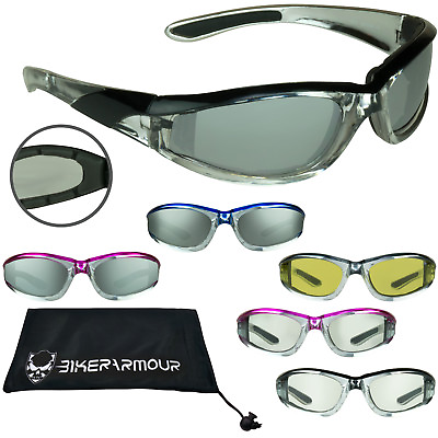 #ad Motorcycle Sunglasses Foam Padded Men Women Chrome Stripe Clear Yellow Glasses