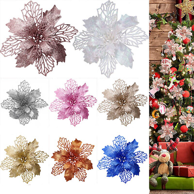#ad 10Pcs Artificial Fake Flowers Christmas Tree Poinsettia Glitter Xmas Decoration
