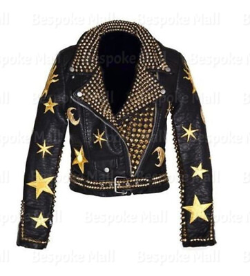 #ad New Woman#x27;s Black Golden Studded Embroidery Patches Cowhide Leather Jacket 899