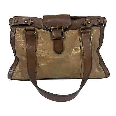 #ad Fossil Vintage Revival Brown Tan Textured Metallic Leather Satchel Tote Purse