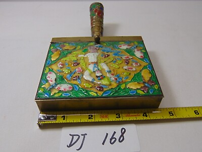 #ad Cloisonne Chinoserie Enameled Brass Chinese Handled Silk Iron Box Lid Butterfly