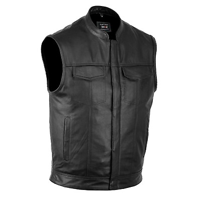 #ad DEFY™ SOA Men#x27;s Motorcycle Club Leather Vest Concealed Carry Arms Solid Back