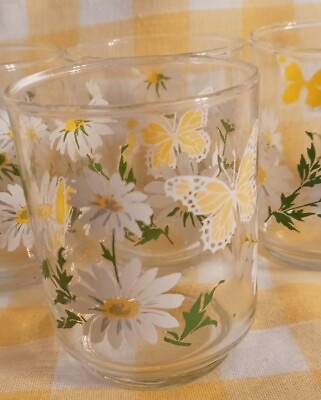 #ad Vintage Set of 4 Libbey 3quot; Daisy Butterfly Juice Glasses Yellow amp; White on Clear