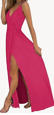 #ad II ININ DRESS Size LARGE Women#x27;s Maxi Sundresses Long Wrap V Neck Fuchsia