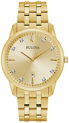 #ad Bulova Sutton Men#x27;s Quartz Gold Tone Calendar Diamond Indices Watch 40MM 97D123 $153.99