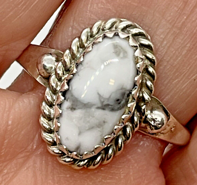 #ad Navajo White Buffalo Turquoise Ring Size 8.5 Sterling Silver Handmade Native